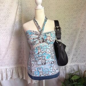 Y2K Babydoll Kiwi Women Blue Retro Geometric Halter Top Tube Top Small
